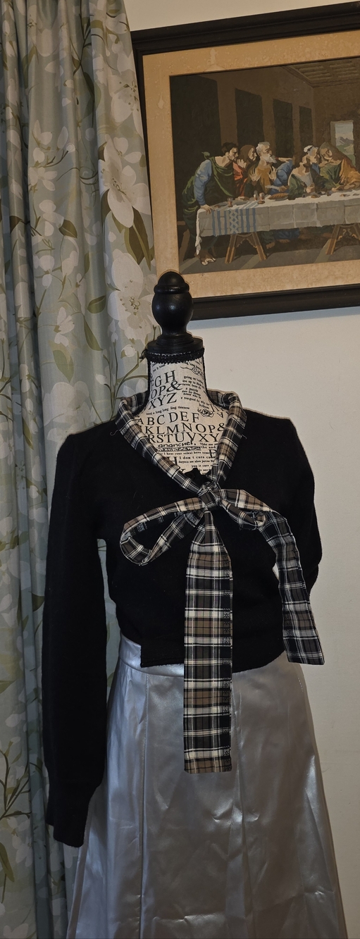 Black Long-Sleeve Top with Plaid Tie Neck